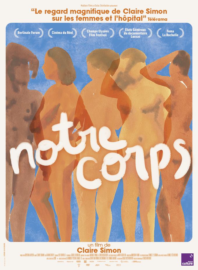 Poster for Notre corps: five nude female figures painted in watercolour, in ochre and brown tones against a blue ground, with the handwritten title in white across the centre.